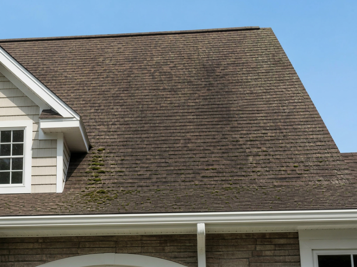 Before — Roof soft wash removing black streaks before and after in Lanark, IL